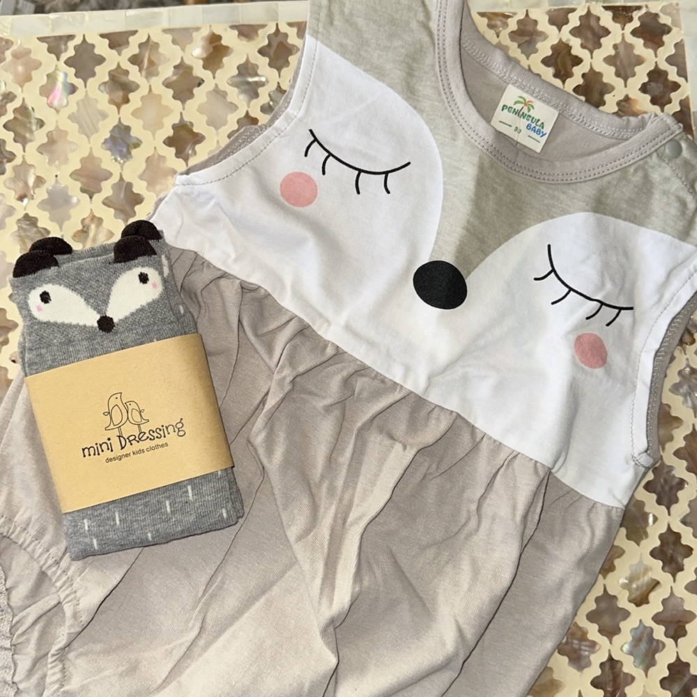 Adorable fox onesie and knee-high socks matching set NEW size 90 2-3